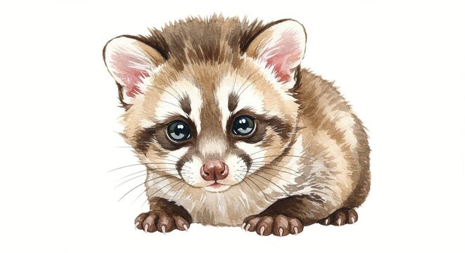 Watercolor painting of a ringtail cat with large eyes and tan and brown fur laying down.
