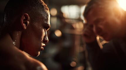 Young boxer in gym listening to coach training facility realistic photography athletic environment close-up perspective focused mindset