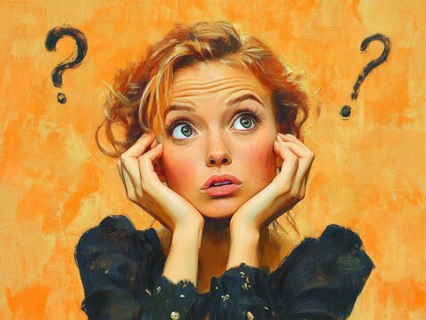 Pondering Woman with Question Marks - Intrigued and Curious
