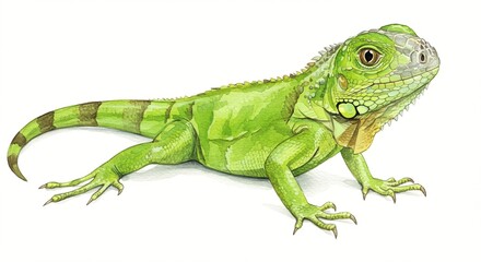 Obraz premium A vibrant green iguana is depicted with intricate detail in this watercolor illustration.
