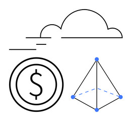Cloud outline above a dollar sign in a circle and a connected geometric shape symbolizing blockchain, finance, or technology. Ideal for fintech, blockchain, cloud storage, connectivity, data