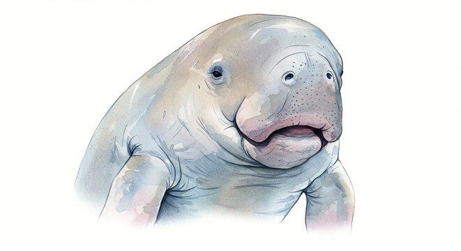 Watercolor illustration of a light gray sea mammal with a wrinkly neck and blunt snout.