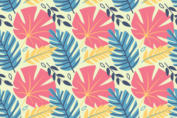 A vivid pattern with terxtured tropical leaves on two backgrounds, yellow and transporant. Pink, blue, dark green pastel colors. For textiles, flyers, postcards, wrapping