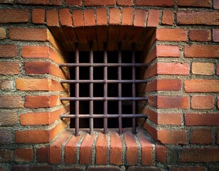 a barred window in a brick wall