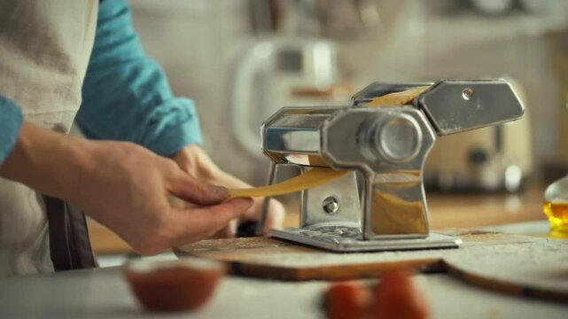 A person rolls out fresh pasta dough with a machine in a warm, inviting kitchen. This activity showcases culinary skill and the joy of homemade cooking in a relaxed atmosphere