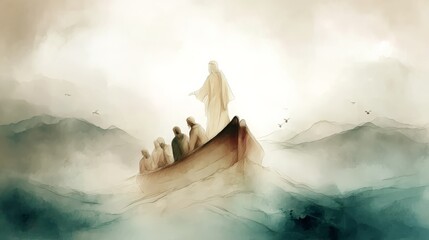 The image depicts Jesus calming the storm on the Sea of Galilee, with his disciples in awe.