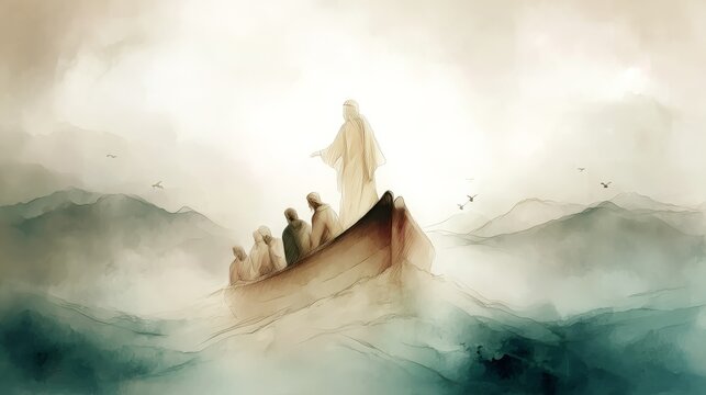 The image depicts Jesus calming the storm on the Sea of Galilee, with his disciples in awe.