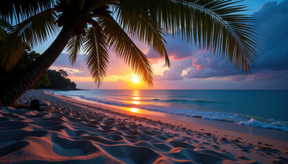 A serene tropical beach at sunset with palm trees and calm ocean waves.