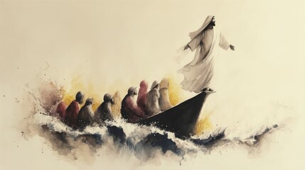 Jesus calming the storm at sea with his disciples.