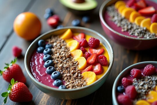 Close-Up of Colorful Smoothie Bowls with Fresh Fruit and Toppings on a Wooden Table - Powered by Adobe