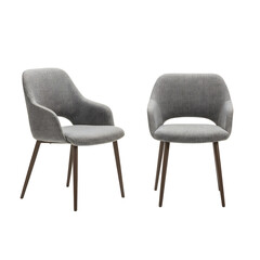 Two upholstered armchairs with light gray fabric and wooden legs against a plain background space 100 on transparent background