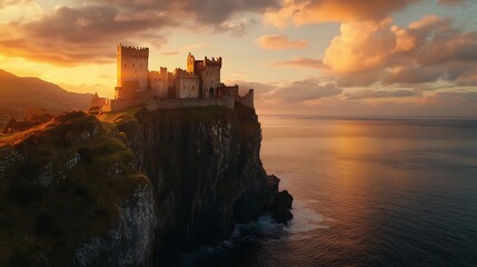 Obraz premium Dramatic coastal castle at golden hour.