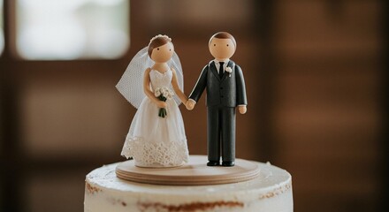 Wooden wedding cake topper depicting a bride and groom holding hands on a wedding cake