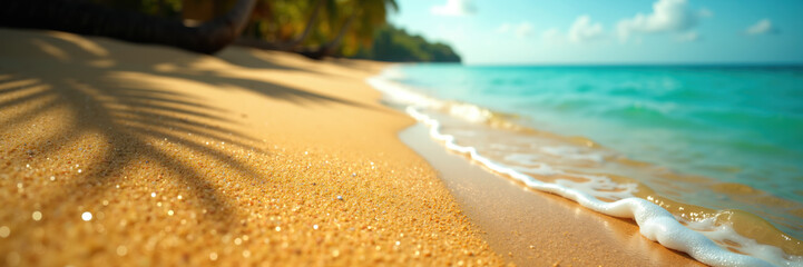 A serene beach scene with golden sand, gentle waves, and palm trees under a bright sky.