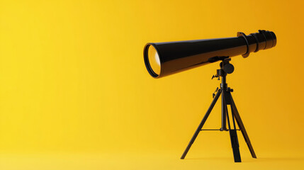 Celestial Focus: Realistic Black Telescope Side View on Yellow Canvas

