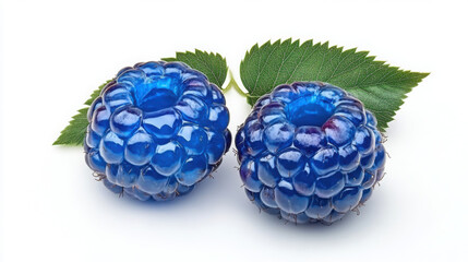 Blue Bliss: Juicy Raspberries with Fresh Leaf on White

