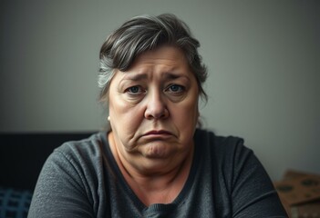 Obraz premium Middle-aged woman with a round face and double chin, sitting in a dimly lit room