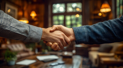 Two people shaking hands in a cozy, professional office