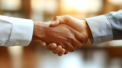 Two people shaking hands, signifying a business agreement or partnership.  Close-up view of hands clasped together, a sign of cooperation and trust