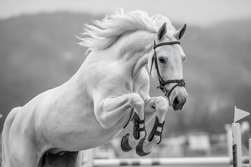 Black and white banner featuring a stunning white horse in an equestrian show jumping competition with space for text.