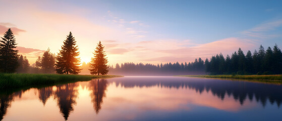 Fototapeta premium Serene Sunrise Over Misty Lake And Forest