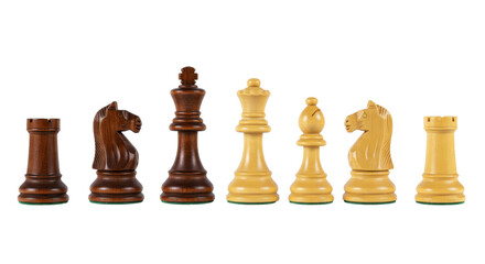 Full set of dark and light wooden chess pieces, isolated on transparent background, PNG 
