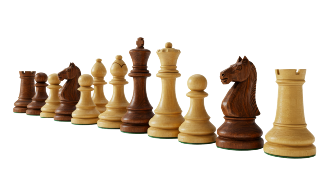 Full set of dark and light wooden chess pieces, isolated on transparent background, PNG 
