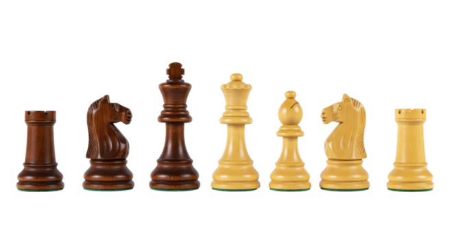 Full set of dark and light wooden chess pieces, isolated on transparent background, PNG 
