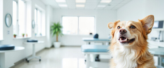 Happy dog in modern veterinary clinic with bright lighting, ideal for educational content and pet care awareness