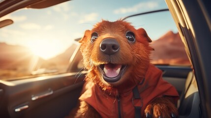 A close-up of a happy golden retriever mongrel puppy riding in a car