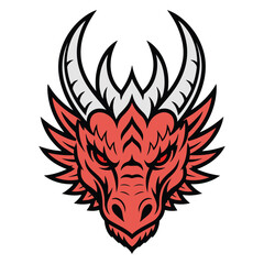 Dragon head illustration with a fierce expression. The head is predominantly red with prominent black outlines.
