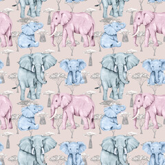 Seamless watercolor pattern with elephants and trees of Africa, baobabs and acacia. Pattern for children's wallpaper, fabrics and textiles