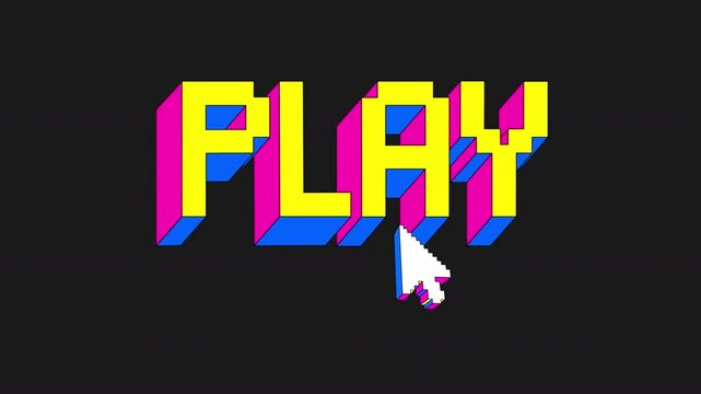 3D pixel play word animation. Voxel block cartoon music or game title text call to action banner with a clicking cursor on a transparent alpha channel.	