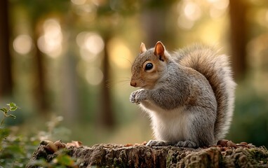 Obraz premium Forest squirrel enjoys a snack on a stump
