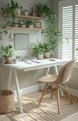 Home office, plants, sunlight, desk, wicker chair