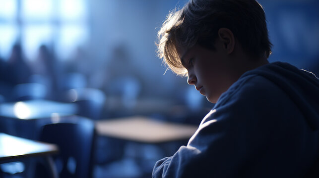 Cyberbullying impact on a young boy in a classroom setting - Powered by Adobe
