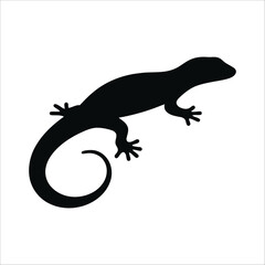 Silhouette of a lizard in profile view with its distinctive elongated body, four limbs, and a curved tail. 