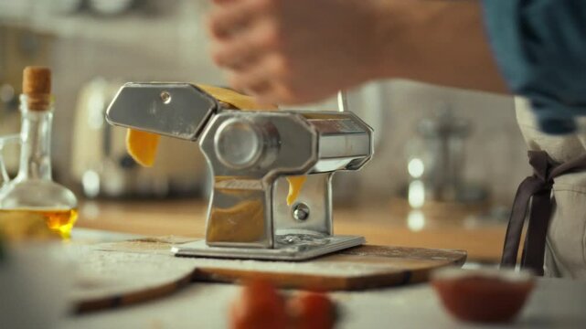 In a warm kitchen, a person rolls out fresh pasta using a manual pasta machine. Ingredients and tools are spread on the counter, creating a homey cooking atmosphere