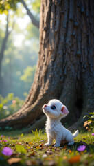 curious white puppy looking at a big tree, colorful lighting, dog illustration