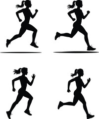 Set of Running Woman Silhouettes – Athletic Female Jogger Side Profile in Solid Black Vector on White Background