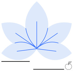 Symmetrical five-petal floral motif with blue lines radiating outward and minimal apple sketch. Ideal for nature, health, balance, growth, minimalism, beauty, organic concepts. Flat simple metaphor