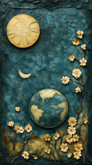 Celestial scene with Earth, moon, and sun, amidst blossoming flowers, on a textured deep blue background