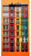 Naklejka premium Colorful European buildings with many windows and balconies. Vivid, vertical, multi-story