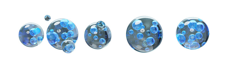 Set of bubbles with blue bubbles inside. 3D Soap bubble floating on transparent background. Soap transparent balloon. Render of transparent glass circle liquid object, water bubbles with reflection.