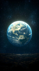 Fototapeta premium Earth seen from space, a luminous blue planet surrounded by a dark, starry void