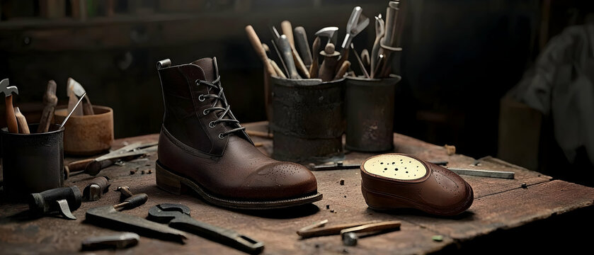 Dark Brown Leather Boot On Rustic Workbench With Cobblers Tools