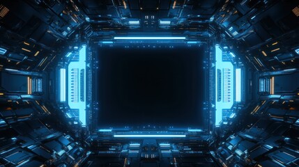 Obraz premium Futuristic neon glowing frame in dark corridor