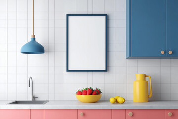 Blank frame for wall art mockup in modern kitchen with vibrant colors and fresh fruit. Trendy colorful interior.