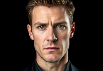 Fototapeta premium Male portrait with serious expression, isolated on black background