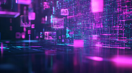 Obraz premium Abstract Futuristic Digital Cityscape Glowing Neon Lights